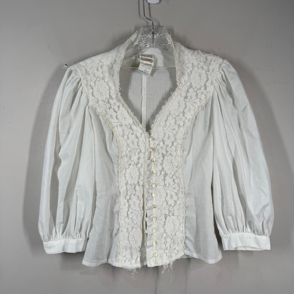 Vintage Gunne Sax White Lace Puff Sleeve Blouse Victorian Prairie Top Sz 9 FLAWS